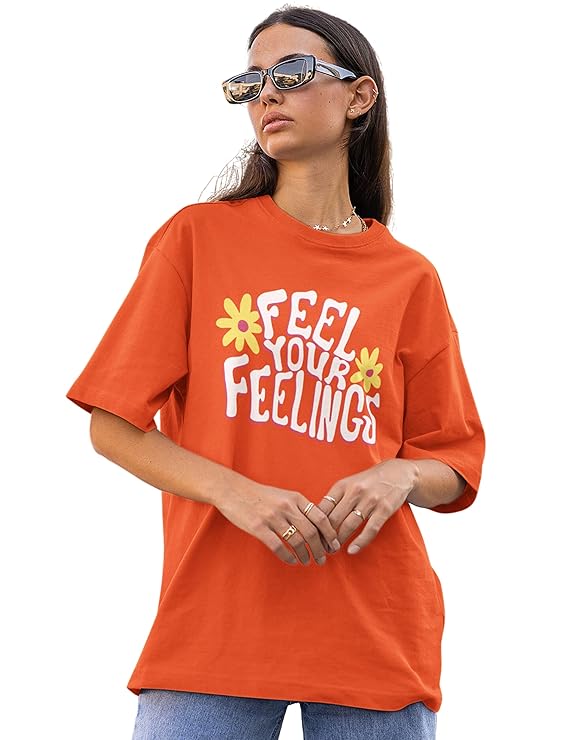PD CLORI Women's Graphic T-Shirt, Orange, Feelings Print with Floral Design, Casual Short Sleeve