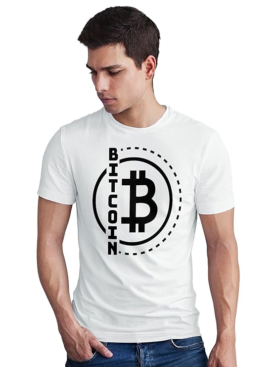 PD CLORI Bitcoin Logo Graphic T-Shirt for Men, White, Casual Wear