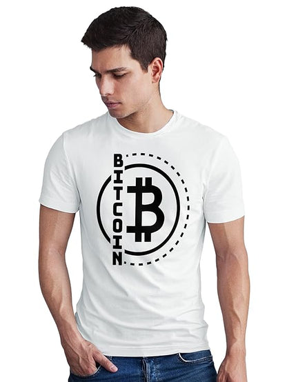PD CLORI Bitcoin Logo Graphic T-Shirt for Men, White, Casual Wear