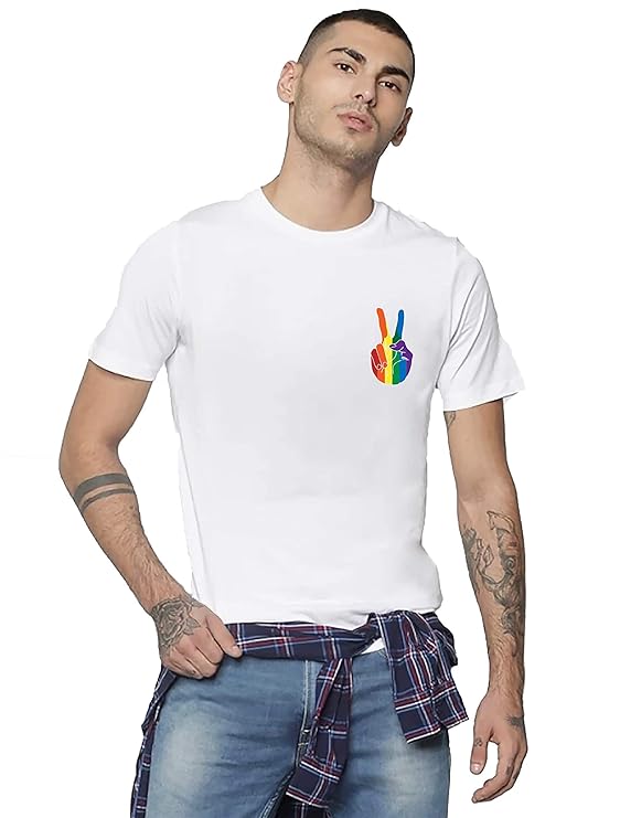 Men’s White T-Shirt – Rainbow Peace Hand Graphic Print