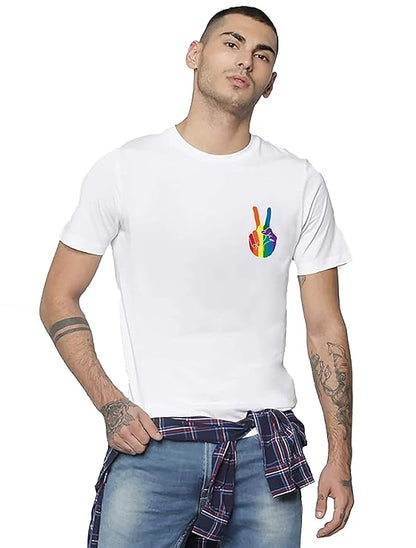 Men’s White T-Shirt – Rainbow Peace Hand Graphic Print