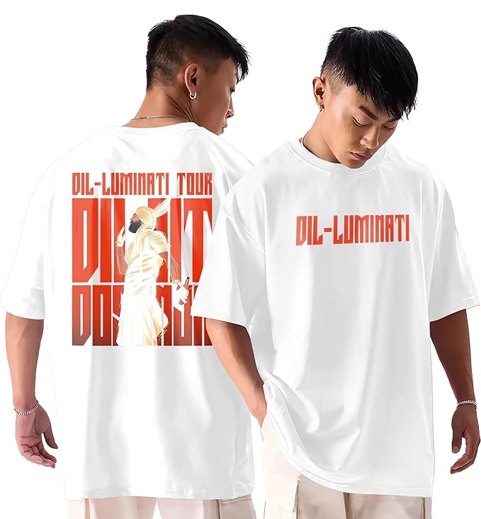 PD CLORI Men's Oversized T-Shirt, White, Dil-Luminati Tour Graphic Print, Casual Wear