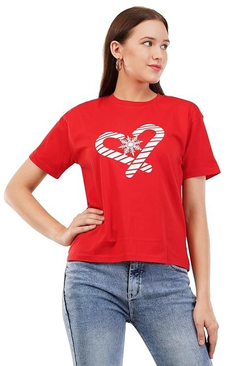 PD CLORI Women's Christmas Candy Cane Graphic T-Shirt, Red, Casual Short Sleeve