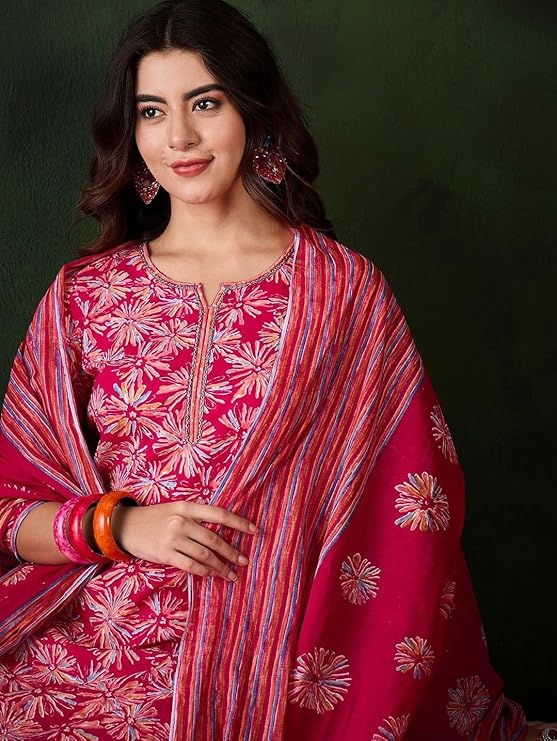 Women’s Pink Floral Printed Kurta Pant Set with Dupatta – Stylish Ethnic Suit