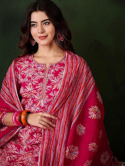 Women’s Pink Floral Printed Kurta Pant Set with Dupatta – Stylish Ethnic Suit