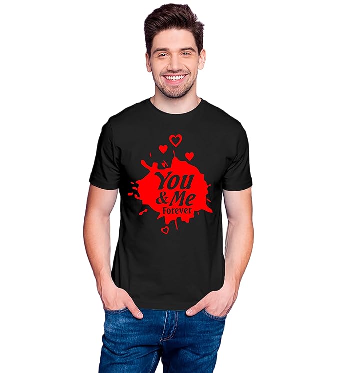 PD CLORI Matching Couple T-Shirts – 'You & Me Forever' Design, Black with Red Print, Cotton Casual Wear