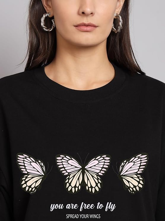 Women’s Oversized Black Butterfly Graphic T-Shirt | Free to Fly Printed Cotton Tee