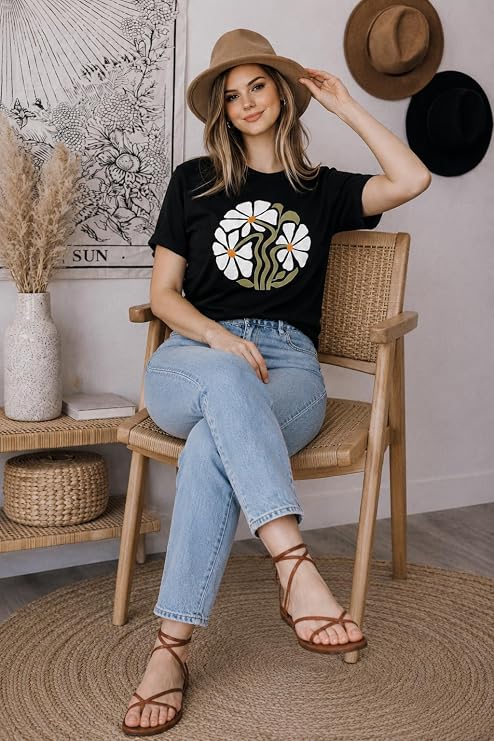 Women's Black Floral Graphic T-Shirt | Premium Cotton Round Neck Casual Tee