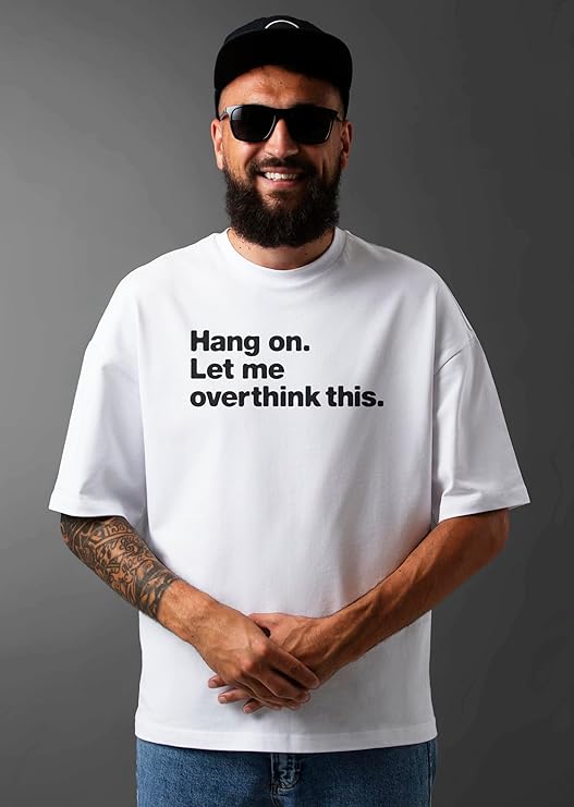PD CLORI Casual Graphic T-Shirt for Men, White, Overthink Print Design