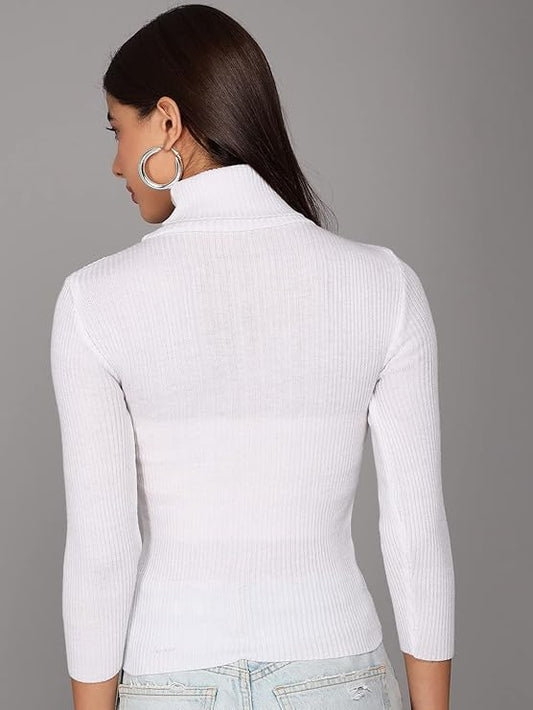 Women’s White High Neck Full Sleeve Ribbed Top