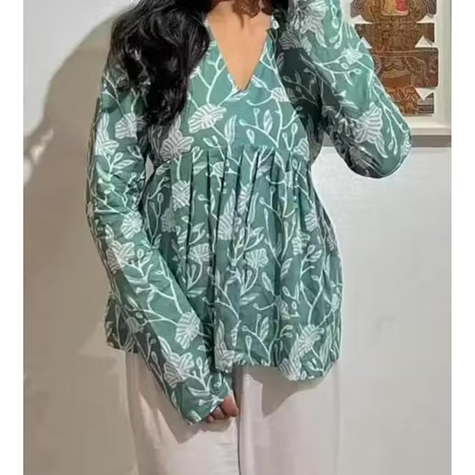 Pd Clori Sage Green Floral Printed Top | Elegant V-Neck Casual Wear for Women