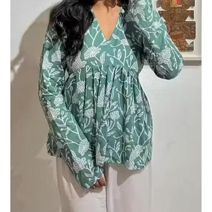 Pd Clori Sage Green Floral Printed Top | Elegant V-Neck Casual Wear for Women