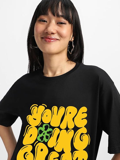 PD CLORI Women’s Blue Cotton Graphic T-Shirt with ‘You’re Doing Great’ Print