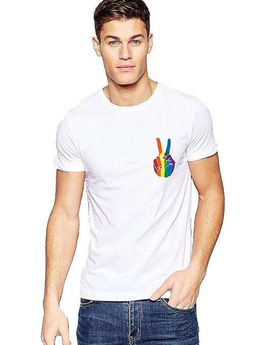 Men’s White T-Shirt – Rainbow Peace Hand Graphic Print
