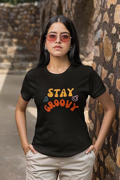 PD CLORI Stay Groovy Graphic T-Shirt for Women, Black, Short Sleeve, Casual Wear