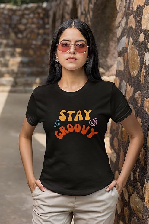 PD CLORI Stay Groovy Graphic T-Shirt for Women, Black, Short Sleeve, Casual Wear