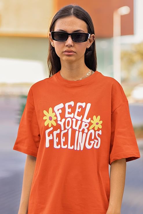 PD CLORI Women's Graphic T-Shirt, Orange, Feelings Print with Floral Design, Casual Short Sleeve