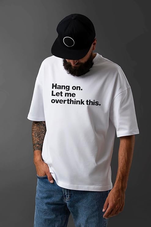 PD CLORI Casual Graphic T-Shirt for Men, White, Overthink Print Design