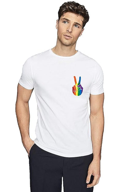 Men’s White T-Shirt – Rainbow Peace Hand Graphic Print