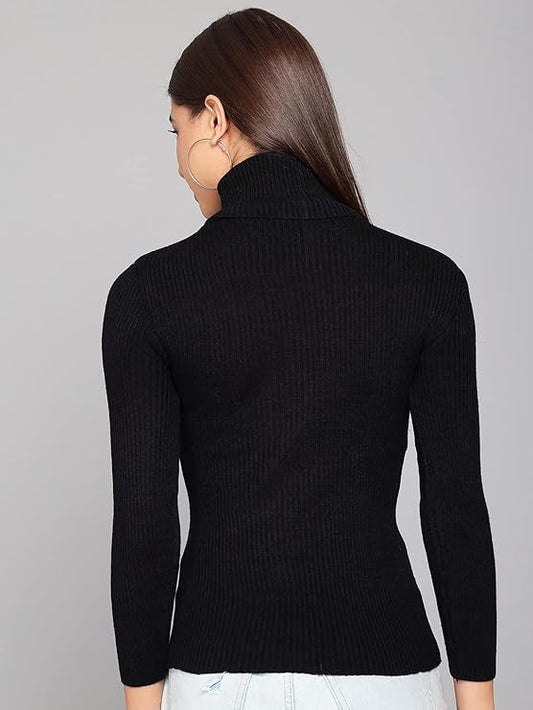 Women’s Black High Neck Full Sleeve Ribbed Top