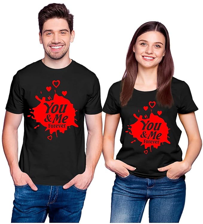 PD CLORI Matching Couple T-Shirts – 'You & Me Forever' Design, Black with Red Print, Cotton Casual Wear