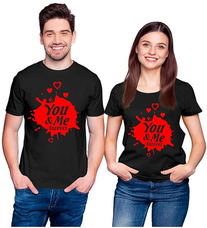 PD CLORI Matching Couple T-Shirts – 'You & Me Forever' Design, Black with Red Print, Cotton Casual Wear