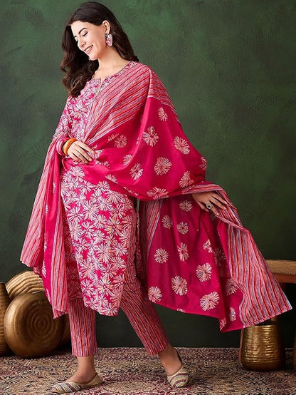 Women’s Pink Floral Printed Kurta Pant Set with Dupatta – Stylish Ethnic Suit