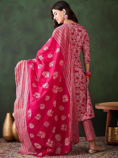 Women’s Pink Floral Printed Kurta Pant Set with Dupatta – Stylish Ethnic Suit