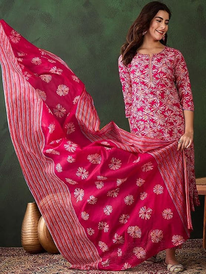 Women’s Pink Floral Printed Kurta Pant Set with Dupatta – Stylish Ethnic Suit