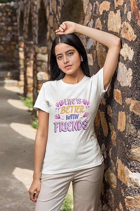 Women's Casual T-Shirt White | Life is Better with Friends Graphic Print Round Neck