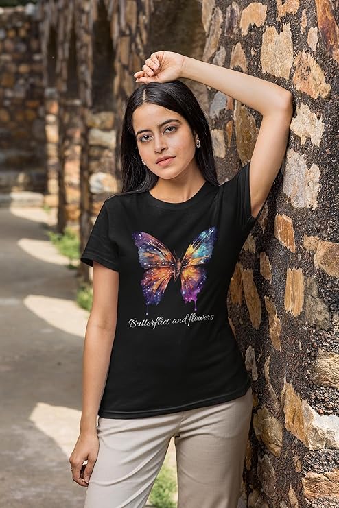 PD CLORI Women's Casual T-Shirt Black | Short Sleeve Round Neck with Butterfly Graphic Print