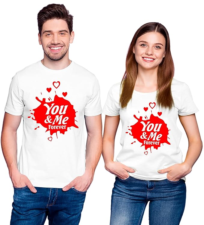 PD CLORI Matching Couple T-Shirts – 'You & Me Forever' Design, Black with Red Print, Cotton Casual Wear