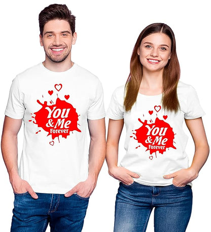 PD CLORI Matching Couple T-Shirts – 'You & Me Forever' Design, Black with Red Print, Cotton Casual Wear