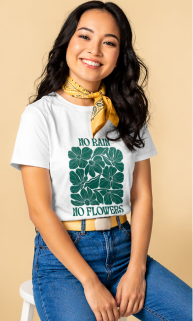 No Rain No Flowers Graphic T-Shirt for Women | Minimal Green Floral Tee by Pd Clori