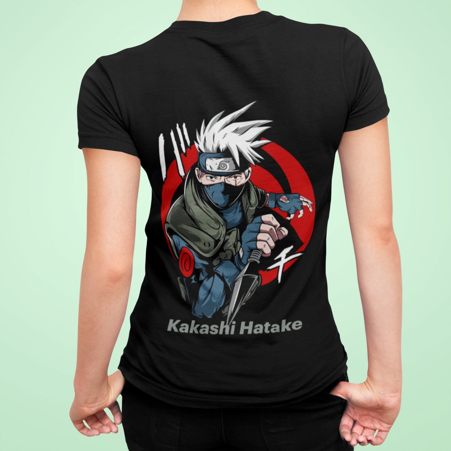 Anime Kakashi Graphic Black T-Shirt for Women | Minimal Front & Bold Back Print by Pd Clori
