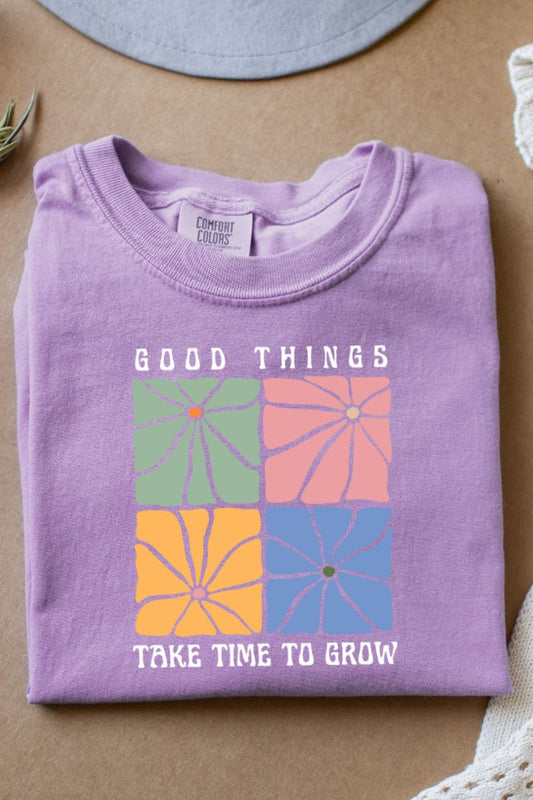 “Good Things Take Time to Grow” Graphic T-Shirt for Women | Aesthetic Lavender Cotton Tee by Pd Clori