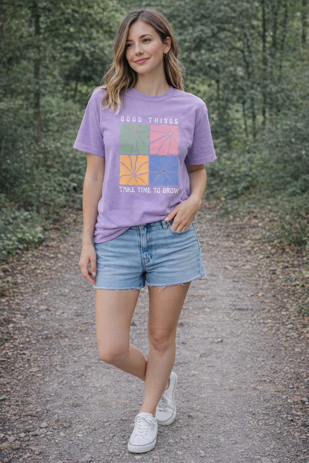 “Good Things Take Time to Grow” Graphic T-Shirt for Women | Aesthetic Lavender Cotton Tee by Pd Clori