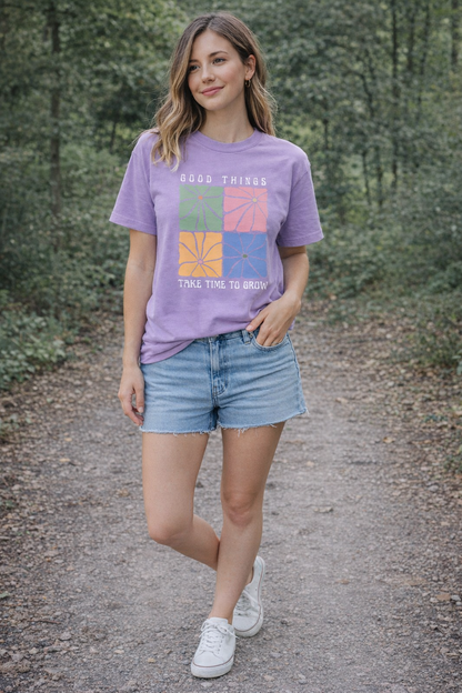 “Good Things Take Time to Grow” Graphic T-Shirt for Women | Aesthetic Lavender Cotton Tee by Pd Clori