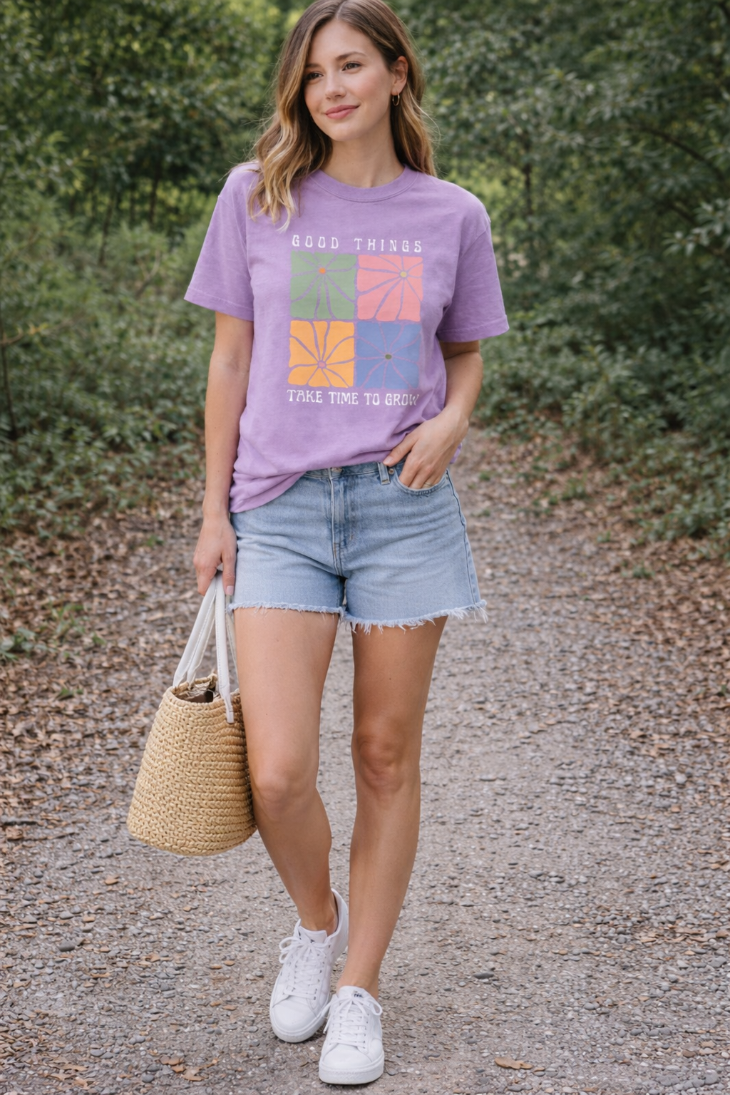 “Good Things Take Time to Grow” Graphic T-Shirt for Women | Aesthetic Lavender Cotton Tee by Pd Clori