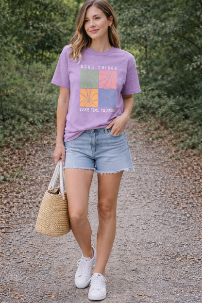 “Good Things Take Time to Grow” Graphic T-Shirt for Women | Aesthetic Lavender Cotton Tee by Pd Clori