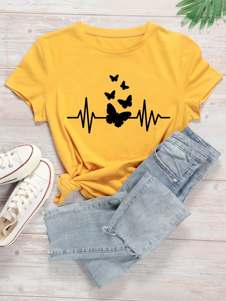 Pd Clori Butterfly Heartbeat T-Shirt | Aesthetic Life Line Graphic Tee | Premium Yellow Cotton T-Shirt