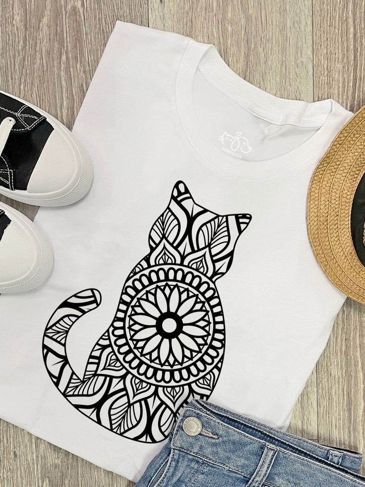 Minimal Mandala Cat Graphic T-Shirt for Women | Aesthetic White Cotton Tee by Pd Clori