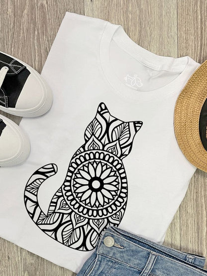 Minimal Mandala Cat Graphic T-Shirt for Women | Aesthetic White Cotton Tee by Pd Clori