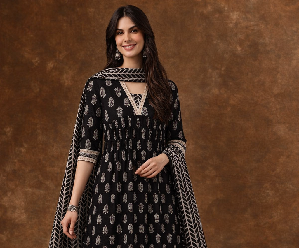 Elegant Black Printed Kurta Set with Dupatta – Timeless Ethnic Grace