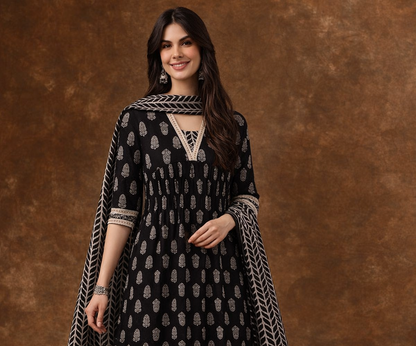 Elegant Black Printed Kurta Set with Dupatta – Timeless Ethnic Grace