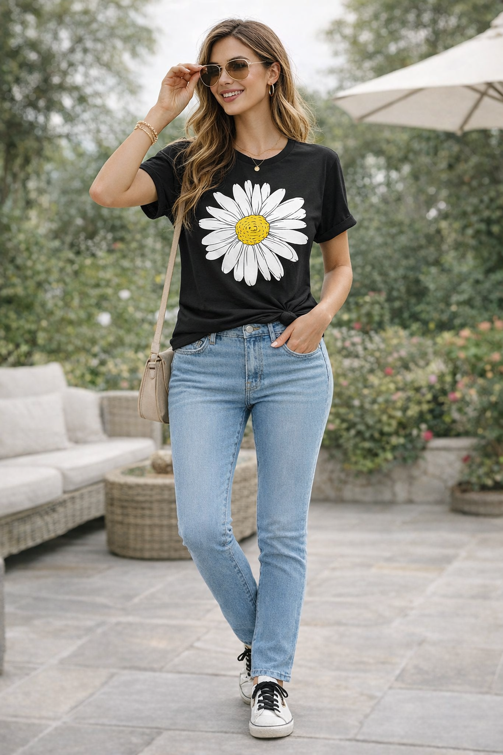 Minimal Daisy Graphic Black T-Shirt for Women | Aesthetic Floral Tee by Pd Clori