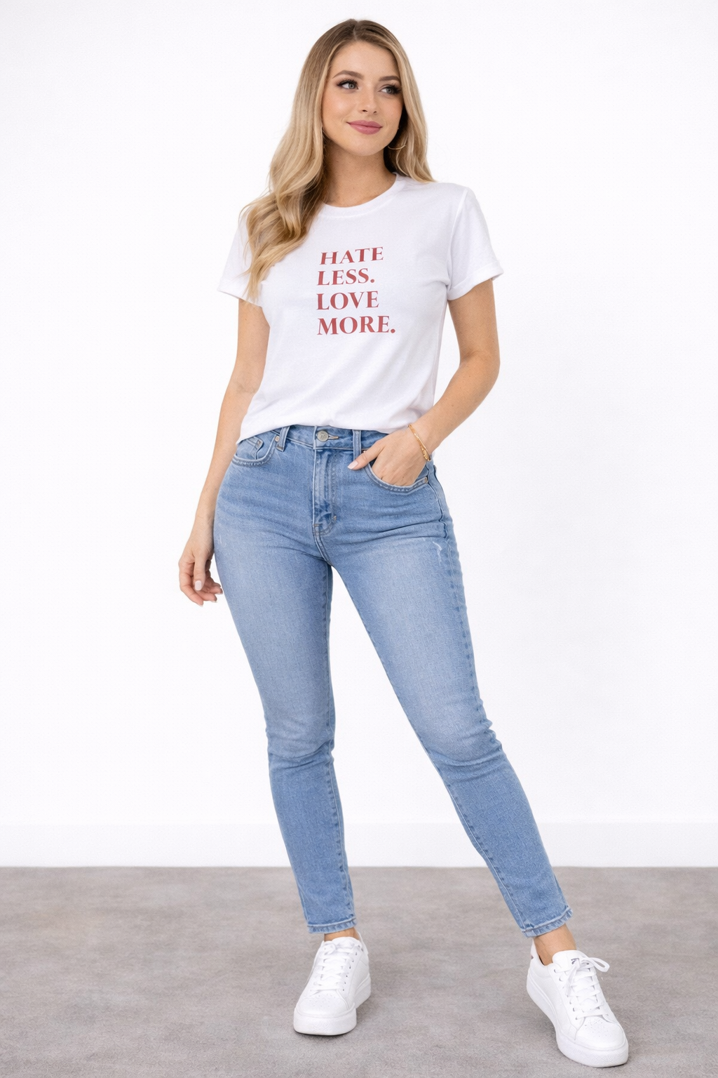 Minimal “Hate Less. Love More.” Graphic T-Shirt for Women | Soft Cotton Aesthetic Tee by Pd Clori