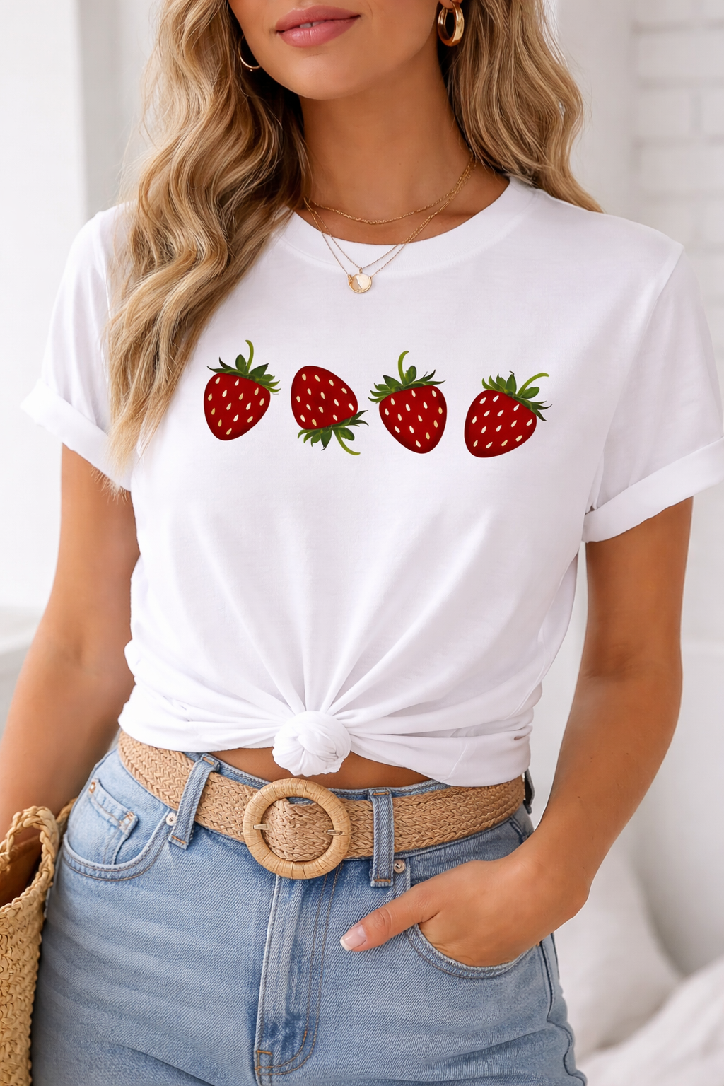 Strawberry Graphic T-Shirt for Women | Cute Minimal Aesthetic Cotton Tee by Pd Clori