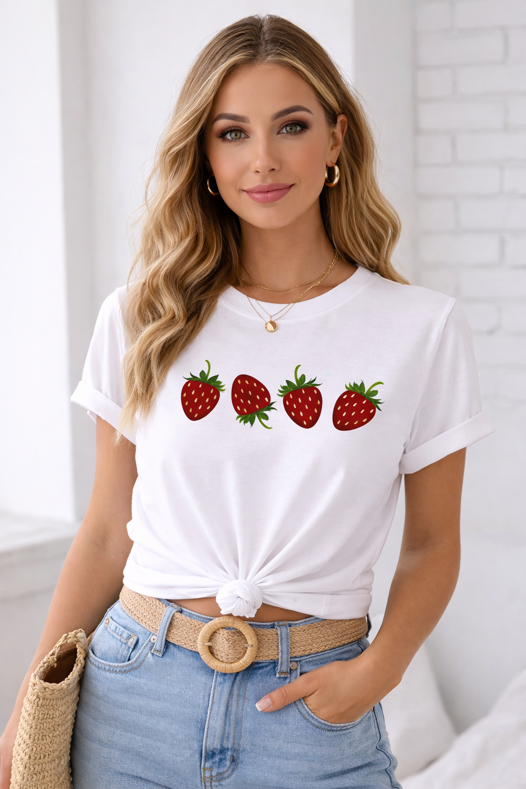 Strawberry Graphic T-Shirt for Women | Cute Minimal Aesthetic Cotton Tee by Pd Clori