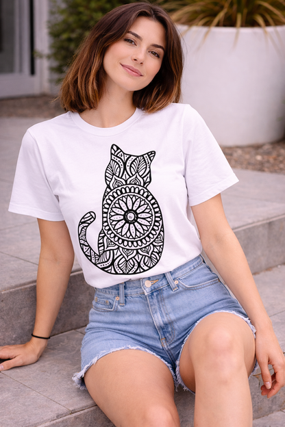 Minimal Mandala Cat Graphic T-Shirt for Women | Aesthetic White Cotton Tee by Pd Clori